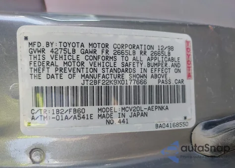 1999 Toyota Camry Le V6 из США, поврежденный, VIN JT2BF22K9X0177666